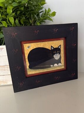 Framed Folk Art Black Cat Wall Art Print Signed and Framed by Hetherly Hale VTG